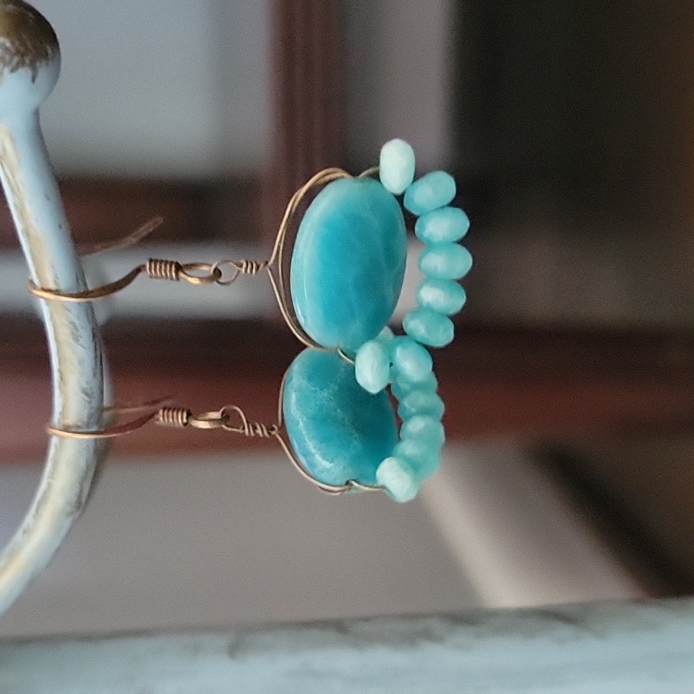 Aqua beaded brass 1 inch dangling earrings